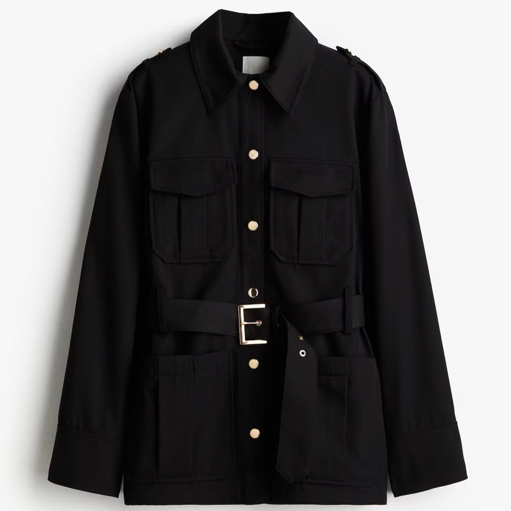 H&M Black Utility Belted Jacket with Gold Buttons